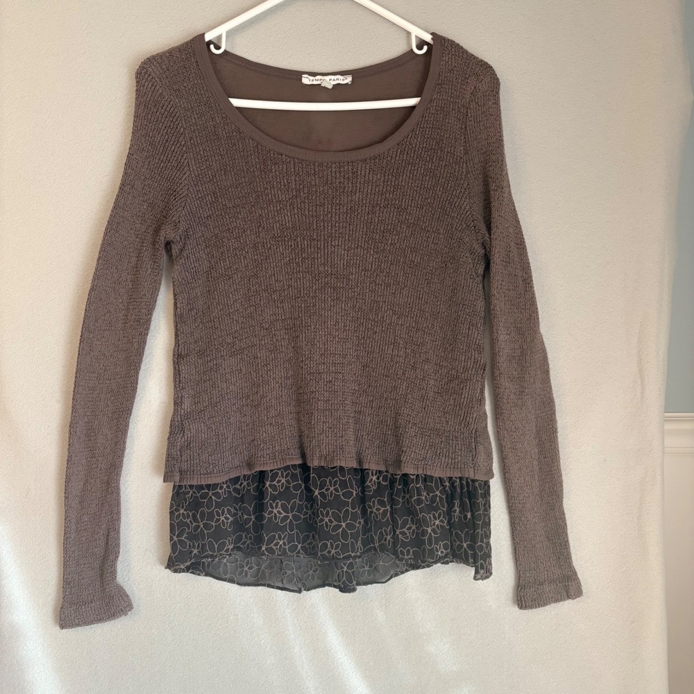Tempo Paris Black Gray Waffle Knit Layered Lace Hem Tie Back Layered Top Medium